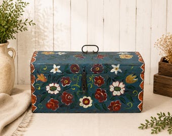 Vintage Hand-Painted Wooden Chest, Antique Storage Box, Farmhouse Decor