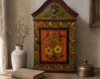 Vintage Hand-Painted Wooden Tabletop Cabinet, Rustic Farmhouse Storage Organizer