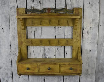 Estante de pared vintage con cajones / Estante con ganchos / Organizador rústico para entrada / Almacenamiento de estilo rústico / Decoración para vestíbulo, pasillo o cabaña