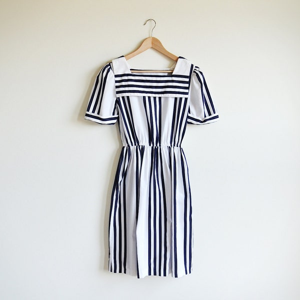 Vintage navy and white stripe dress with sailor collar.