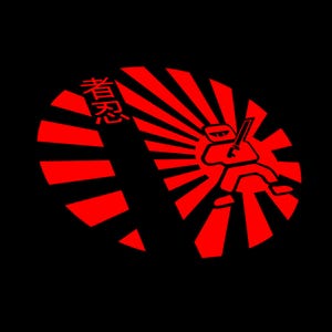 May include: Red graphic of a ninja with a sword, set against a rising sun design. Japanese characters are above the ninja. The design is on a black background.