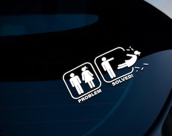 Problema resuelto. Divertida pegatina de vinilo para coche. Pegatina divertida con humor sobre relaciones. Pegatina novedosa para parachoques o ventana del coche.
