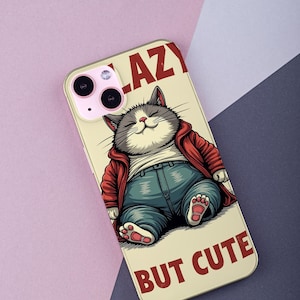 Funda para teléfono con diseño de gato perezoso: adorable gato regordete con capucha. Divertida funda para iPhone. Regalo perezoso pero adorable. Idea de regalo para amantes de los gatos de dibujos animados kawaii.