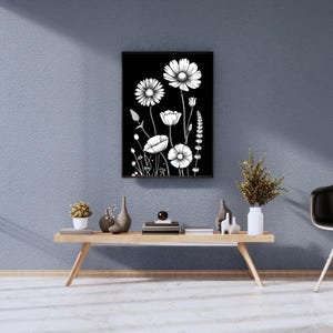 Wildflower Line Art Printable - Black and White Floral Wall Art Digital Download - Botanical Stencil Drawing