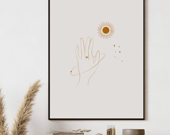 Celestial line art Boho minimalist wall art Sun and stars neutral poster