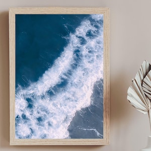 Sea waves wall art Blue beach wave photography Coastal water poster