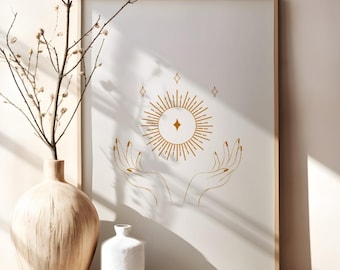 Celestial line art Boho minimalist wall art Sun and stars neutral poster