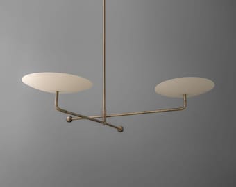 Handmade Mid Century Modern Brass Saucer Disc Dome Chandelier 2-Light Reflector Pendant, Italian Stilnovo Sputnik Ceiling Fixture Chandelier