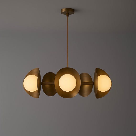Large Modern Brass Sputnik Chandelier – Seven Globe Mid Century Ceiling Light Handmade Milky Glass Pendant Light Custom Linear Brass Fixture