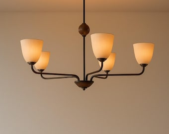 Mid-Century Modern Brass Chandelier | Wooden Ball 5 Arms Italian Dining Room Lighting | Statement Stilnovo Ceiling Fixture Light for Home