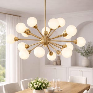Mid Century Modern Sputnik Chandelier: Brass & White Glass Globe Pendant Light, 16 Lights Ceiling Large Atomic Age Fixture with Glass Balls