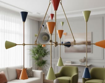 Mid Century Modern 9 Arm Sputnik Chandelier – Multicolor Italian Style Brass Ceiling Light for Dining Room, Living Room - Housewarming Gift