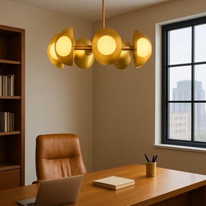 May include: A modern, gold-toned chandelier with a unique design hangs above a wooden desk in an office setting. The chandelier features a series of circular and semi-circular light fixtures. A brown leather chair and a laptop are also visible.