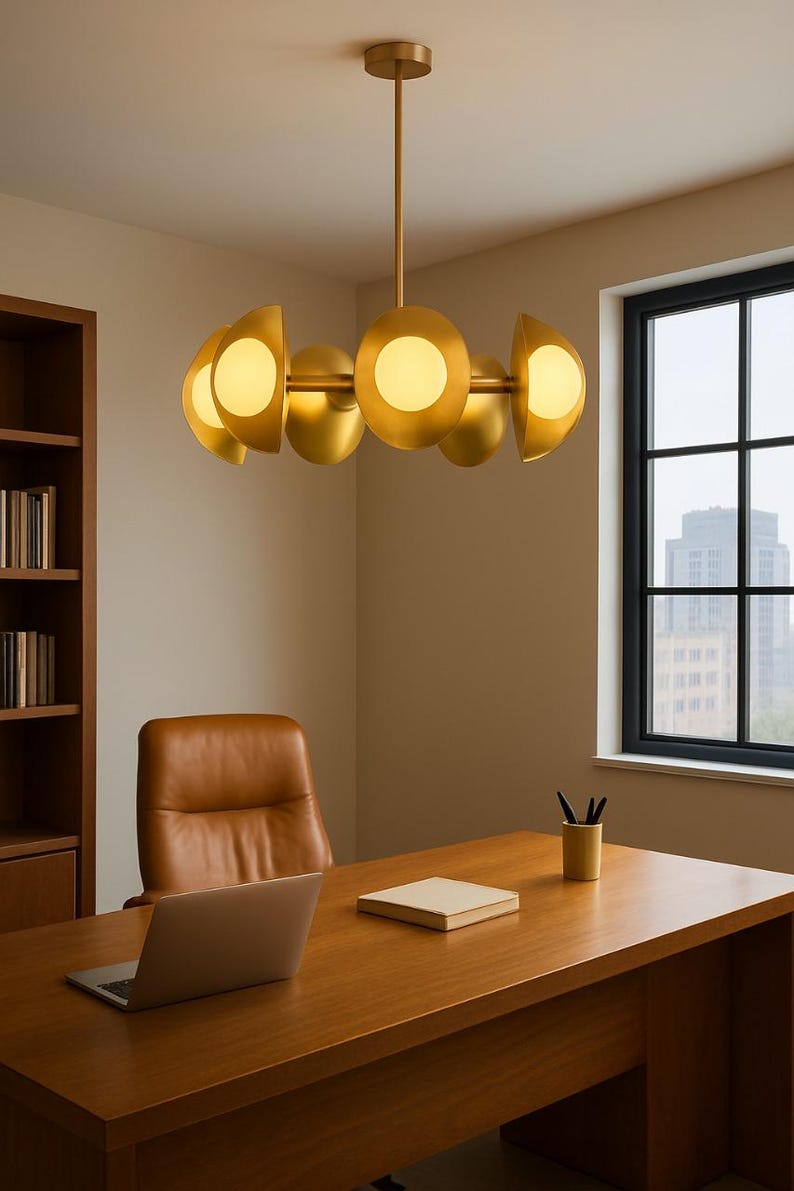 May include: A modern, gold-toned chandelier with a unique design hangs above a wooden desk in an office setting. The chandelier features a series of circular and semi-circular light fixtures. A brown leather chair and a laptop are also visible.