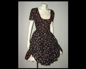 XS Small jet black pink cotton rosebud print dress with white lace godet inserts hem ruffle 1950s 1960s floral party frock home made
