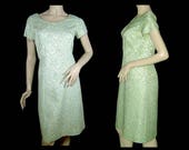 1960s brocade coat dress set Medium Large creamy green w icy satin pale blue flowers Randy Juniors Made in Canada mint condition