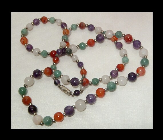 Gemstone necklace - graduated colourful jade, car… - image 4