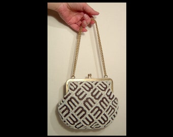 1950s 1960s hand beaded chocolate brown & cream silk purse ~ M or W initial print ~ gold tone chain strap ~ white satin ~ made in Hong Kong