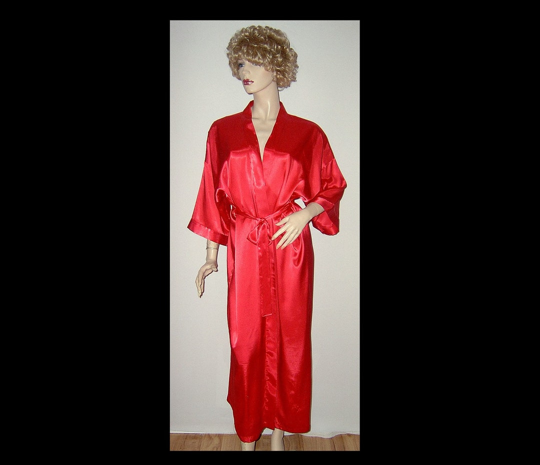One Size Red Satin Robe Housecoat With Kimono Sleeves Angelique Made in