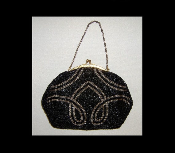 1930s glass micro beaded bag - black and silver s… - image 10