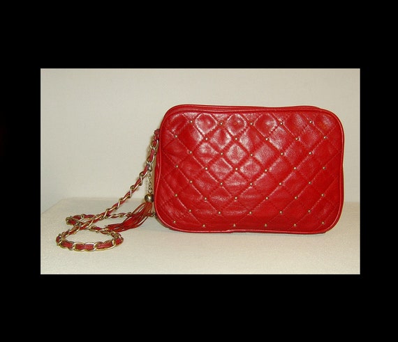 Lipstick red quilted leather purse with tassel - … - image 3