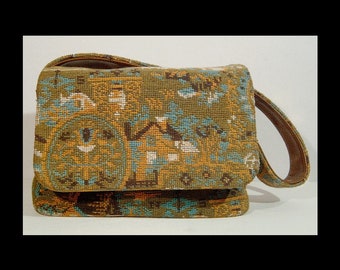 1960s tapestry handbag ~ abstract ~ scenic with house & horses ~ caramel vinyl ~ box purse green aqua white gold ~ ooak unusual