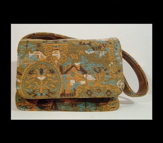 1960s tapestry handbag ~ abstract ~ scenic with h… - image 1