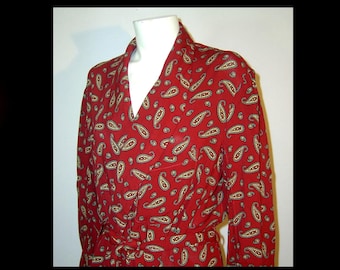 S/M - vintage British robe, maroon cotton paisley housecoat, Ila Mens Shops