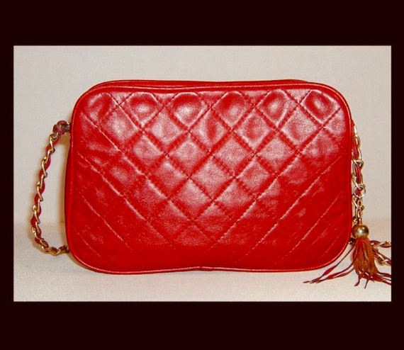 Lipstick red quilted leather purse with tassel - … - image 4