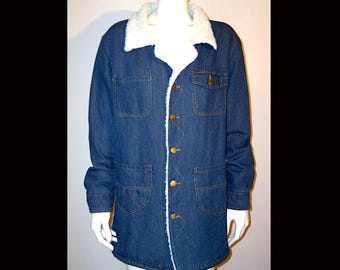 Small - blue denim chore coat - white fleece lining
