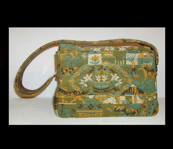 1960s tapestry handbag ~ abstract ~ scenic with h… - image 2