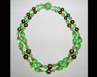 1960s green & copper clear bead necklace - sparkly double strand - Made in Hong Kong lucite jewelry