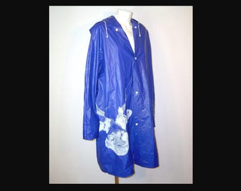 Medium/Large - blue vinyl raincoat with hood - unusual SwissMilk cow advertising graphic