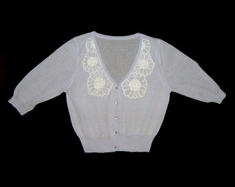 Small ~ lilac bombshell cardigan sweater ~ flower sequin appliques with sequins ~ sheer knit airy blouse