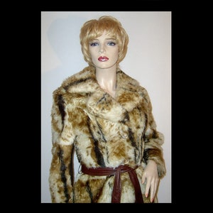 Small - mod faux fur mini coat ~ Made in Canada ~ 1960s 1970s ~ belted abstract animal print trench