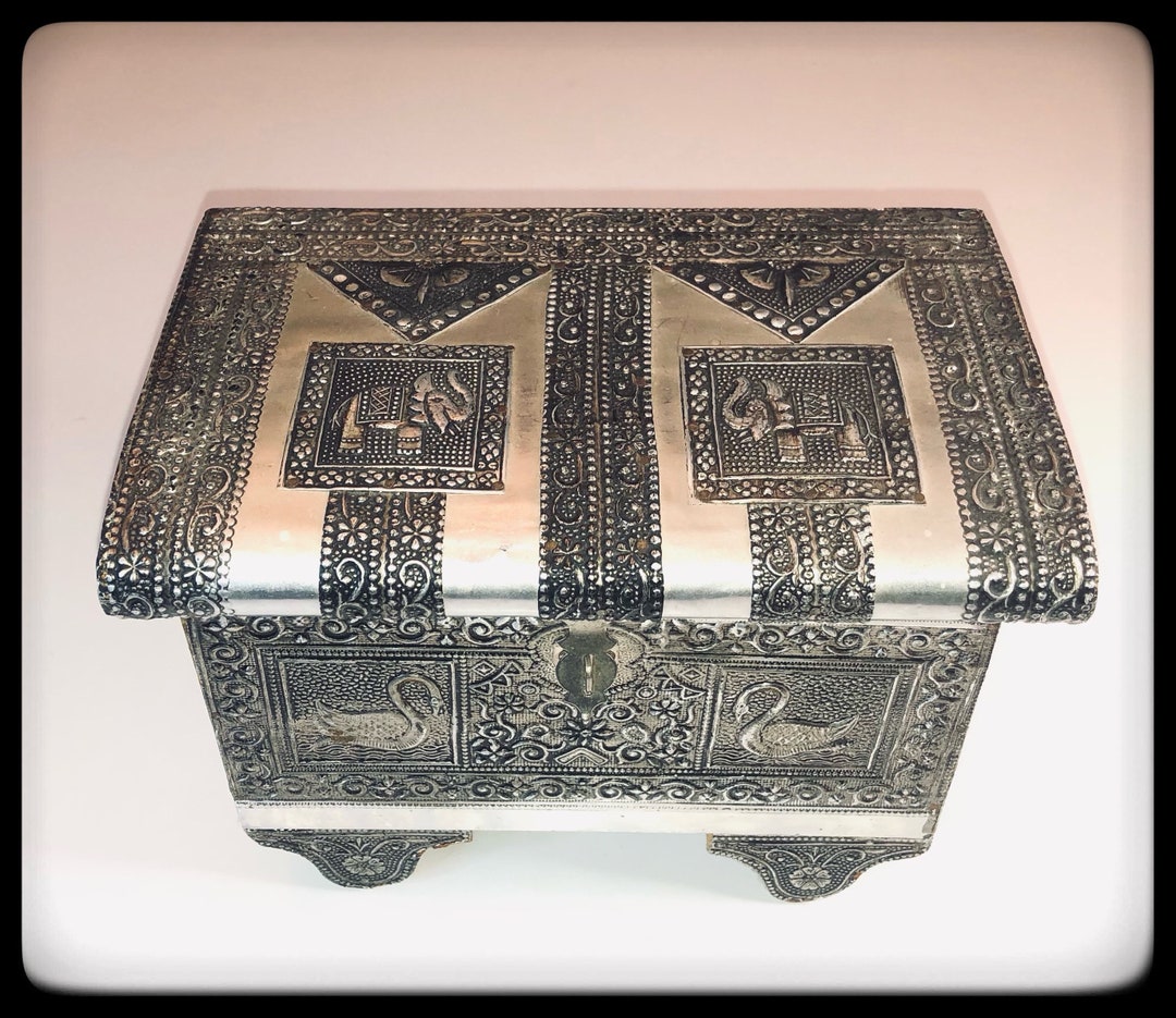Silver Metal Jewelry Box Unusual Embossed Bohemian Gypsy With Purple V