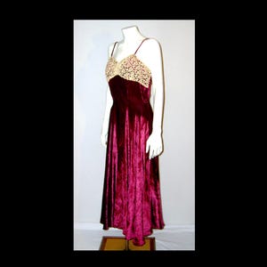 XS 32 - 1940s rayon velvet dress with lace covered bodice bra - maroon red - asymmetrical hem - flowy spaghetti strap