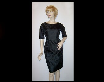 Small  ~ Neiman Marcus 1950s jet black satin brocade bombshell dress ~ knee length wiggle ~ 50s curvy party frock w roses