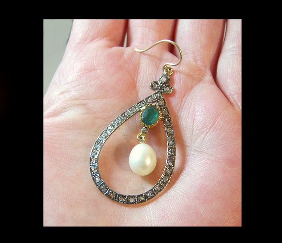 Large mine cut diamond halo earrings with faux em… - image 4