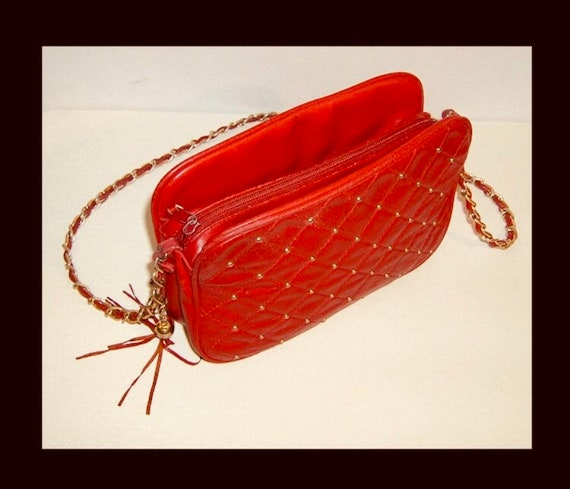 Lipstick red quilted leather purse with tassel - … - image 2