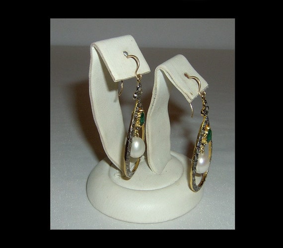 Large mine cut diamond halo earrings with faux em… - image 7