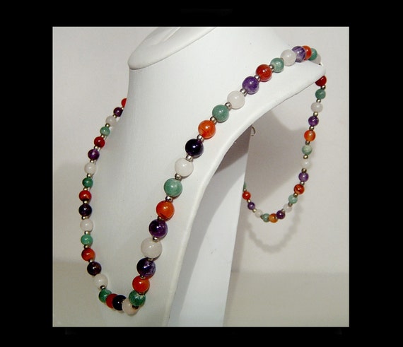 Gemstone necklace - graduated colourful jade, car… - image 1
