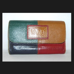 Cartera triple de piel con diseño de retazos - Hecha en Canadá - rojo azul marino verde tostado