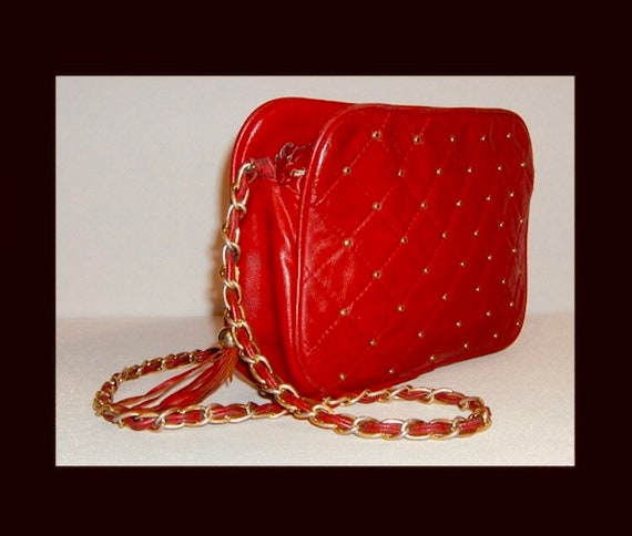 Lipstick red quilted leather purse with tassel - … - image 9
