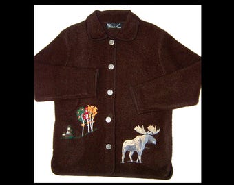 S/M - wool sweater jacket, wildlife moose novelty knit, Greenfield, as new