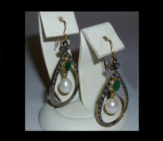 Large mine cut diamond halo earrings with faux em… - image 6