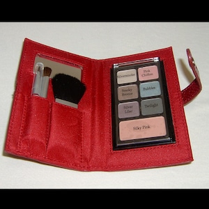 Trousse de maquillage en cuir rouge avec miroir blush pour ombres à paupières et pinceaux - cadavres d'animaux - sac à main pliant vanité cosmétique de voyage