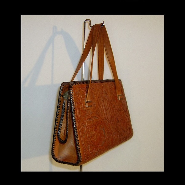 Tooled leather purse - monogram HBA - custom 1940s 1950s Mexican handbag - floral - vintage satchel