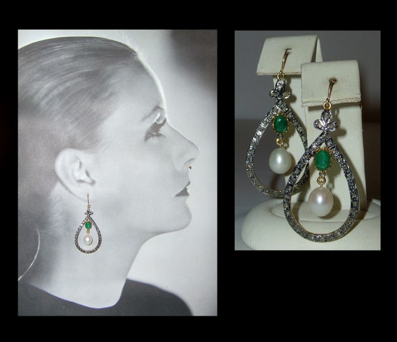 Large mine cut diamond halo earrings with faux em… - image 3