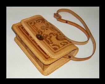 Tooled leather crossbody bag - unusual vanity with mirror - Mexican floral adjustable to handbag box purse - Made in Mexico